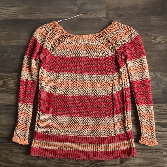 Free People Desert Moon Sweater Open Knit Red Stripe Cotton XS Fishermancore - Picture 7 of 15